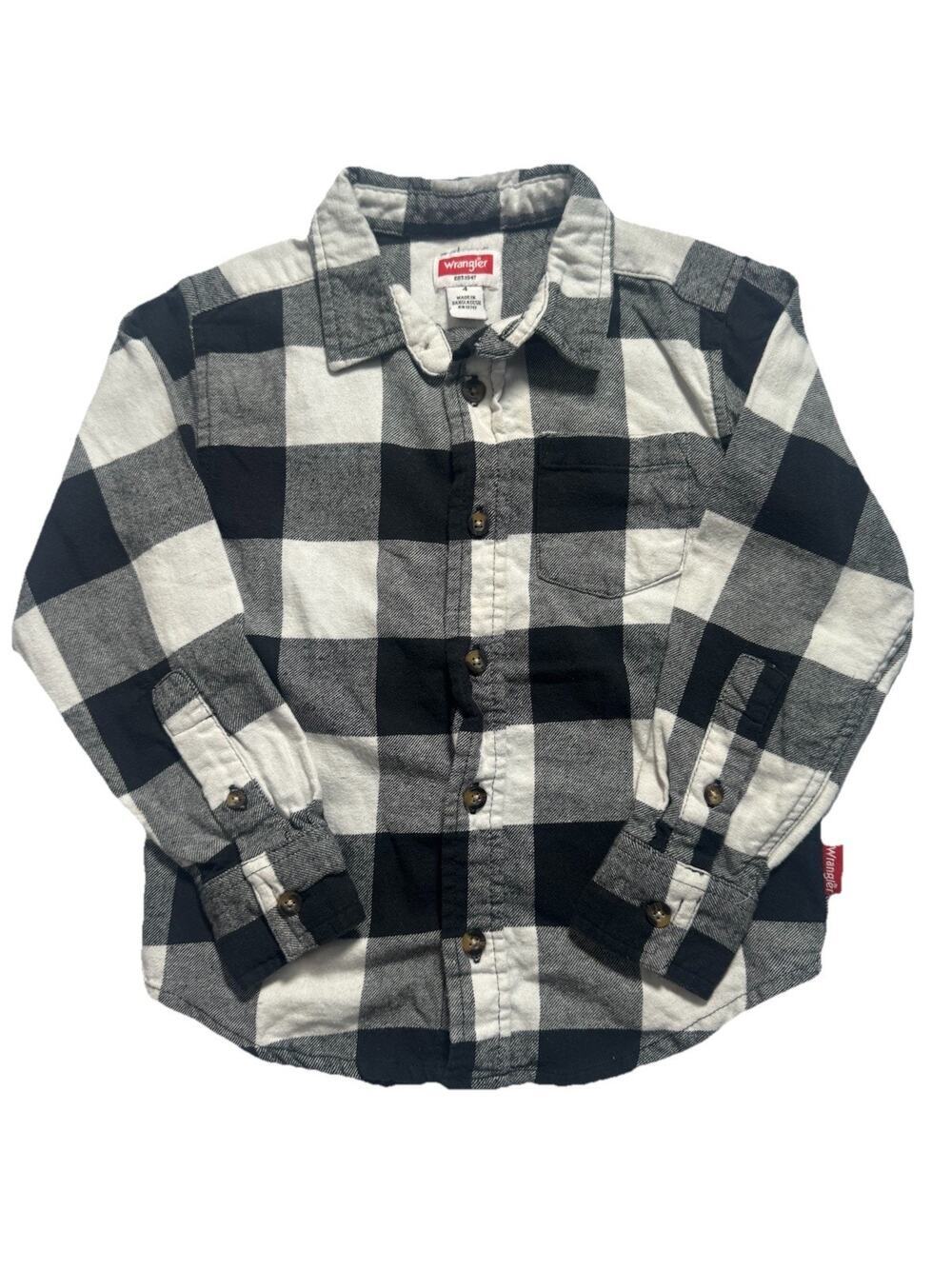 Wrangler Boys Size 4 Buffalo Plaid Flannel Button Up Shirt Black White